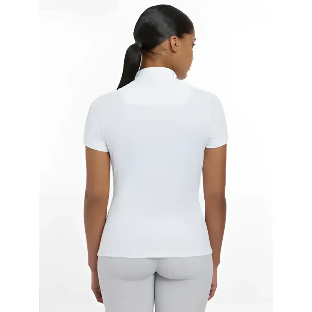 Lemiuex sophia white short sleeve polo shirt with beautiful neck detailing to achieve peak presentation