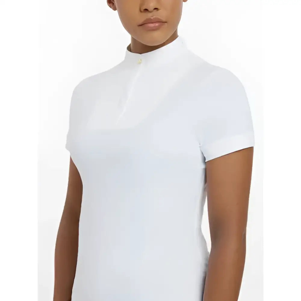 White LeMieux Sophia short sleeve show shirt with front zipper and beautiful neck detailing to achieve peak presentation