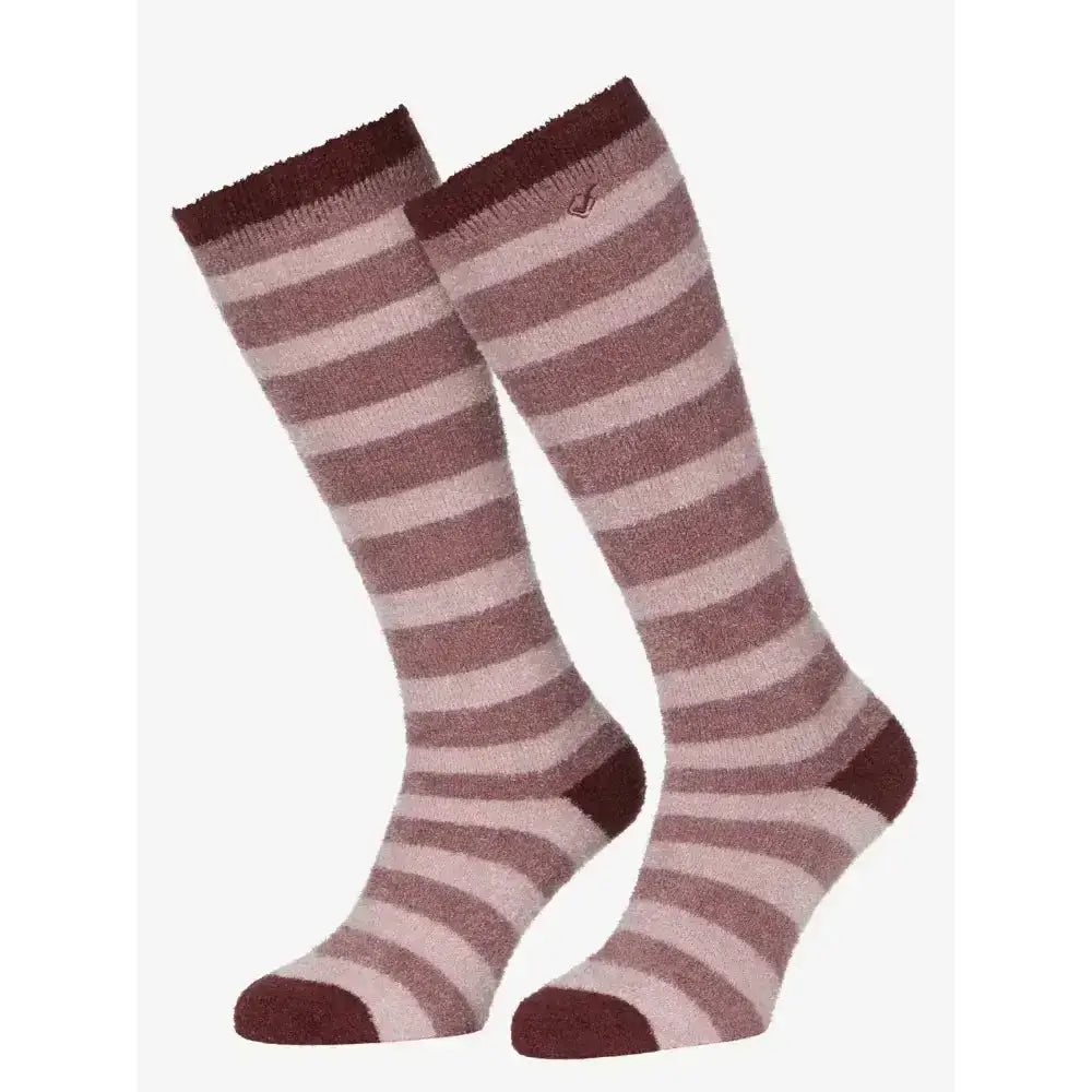 A pair of soft mauve and cream lemieux fluffies socks in textured knit perfect for keeping toes toasty with sophie stripe fluffies
