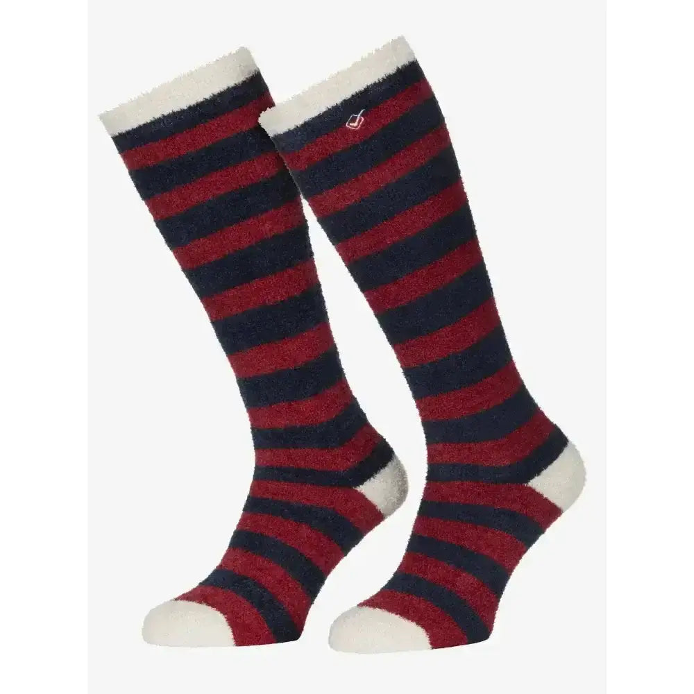 Red and navy blue striped lemieux fluffies socks with plush white cuff toe and heel for toes toasty comfort