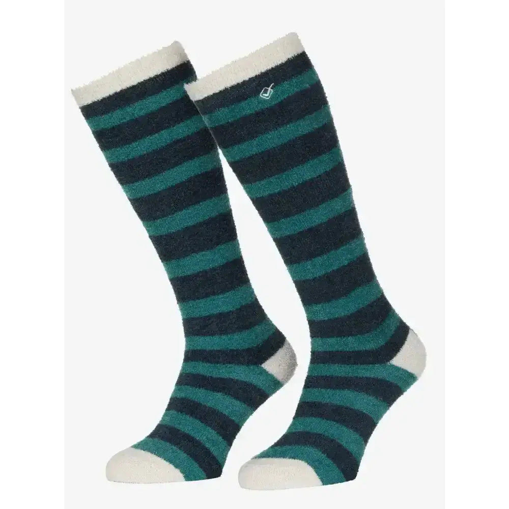 Teal and navy striped lemieux fluffies socks with white cuffs toes and heels for toes toasty comfort called sophie stripe fluffies