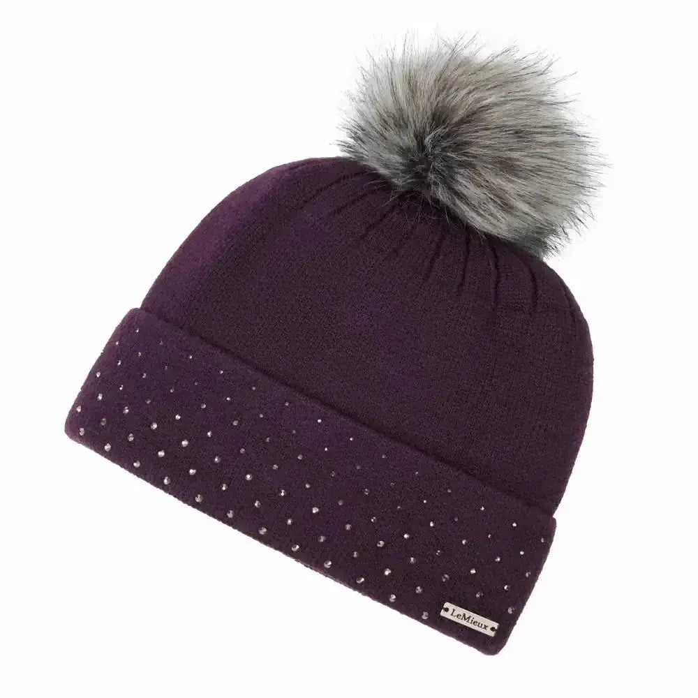 LeMieux sparkle beanie fig in deep purple style rib knit with silver faux fur pom pom and soft micro fleece brim embellishments