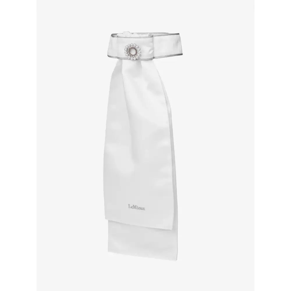 White satin cravat with silver beaded circle embellishment from lemieux sparkle stock white collection
