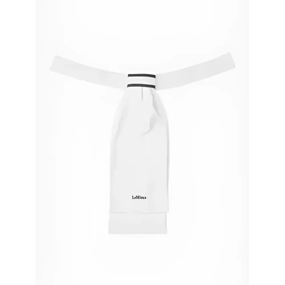 White fabric judge’s robe with black collar trim and subtle lemieux sporty stock logo in sporty stock white color