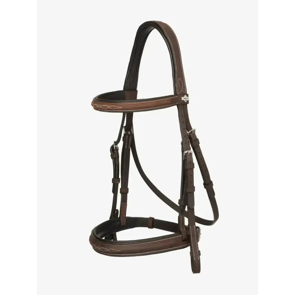 Brown leather lemieux stitched hunter bridle with subtle stitching and silver laced reins havana silver hardware