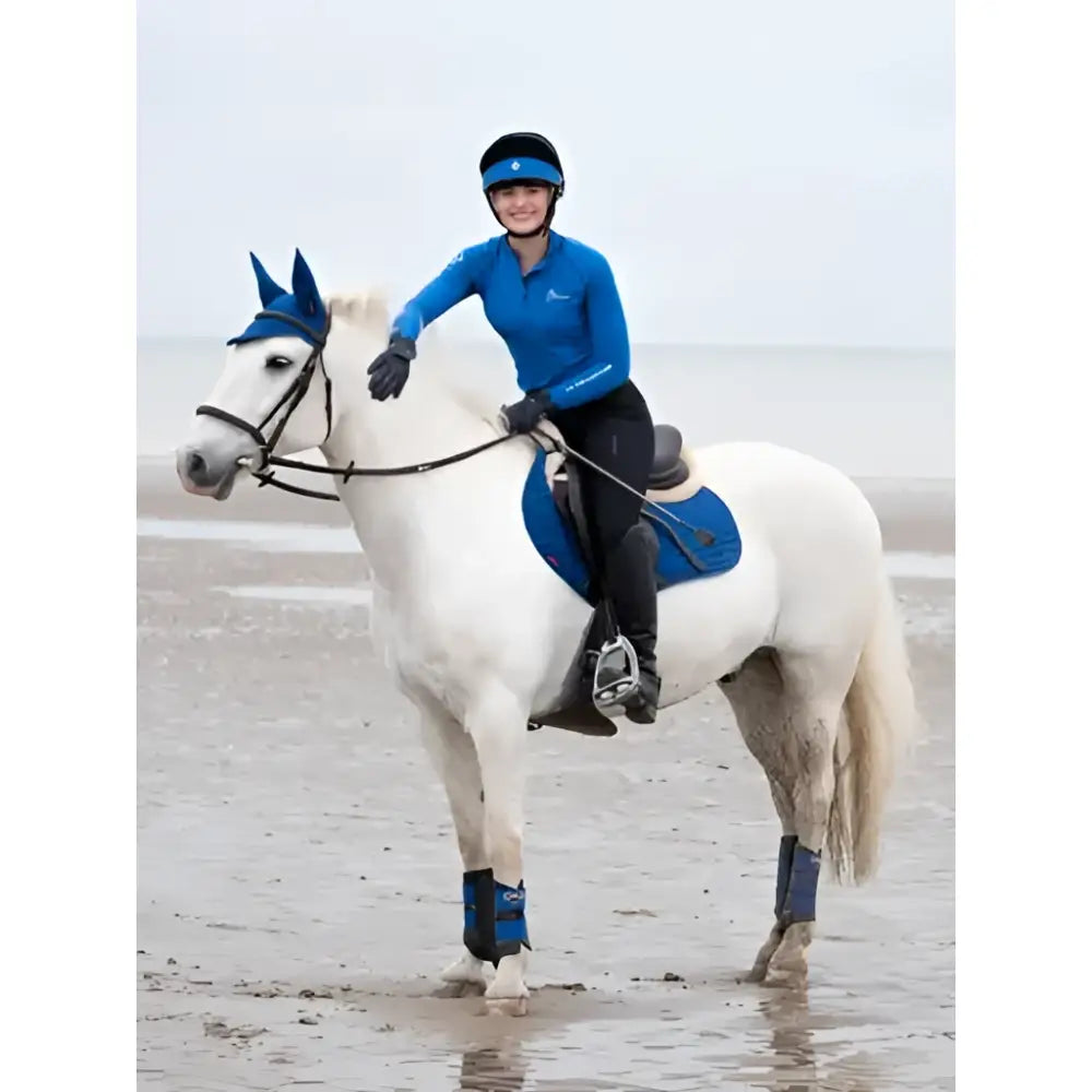 Blue lemieux suede close equestrian helmet with matching brim and visor perfect for contact square benetton fans
