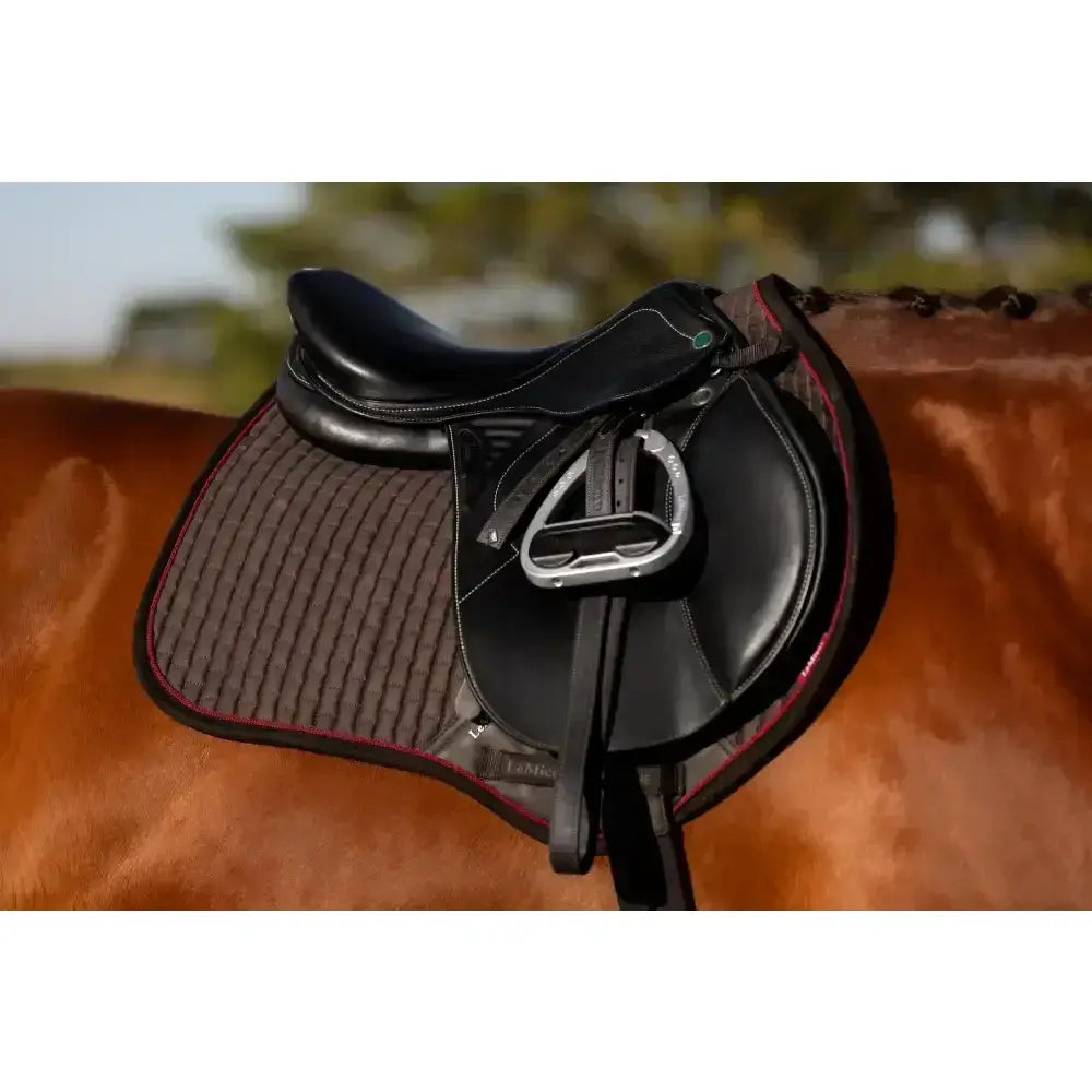Black leather english saddle lemieux suede close contact with silver stirrups and red trimmed contact square cinder pad