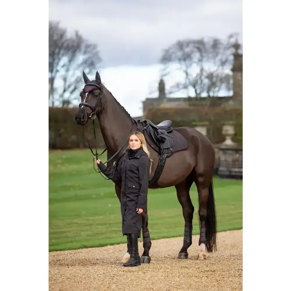 A dark brown horse wearing a lemieux suede close contact square cinder saddle with black bridle stands calmly beside a woman