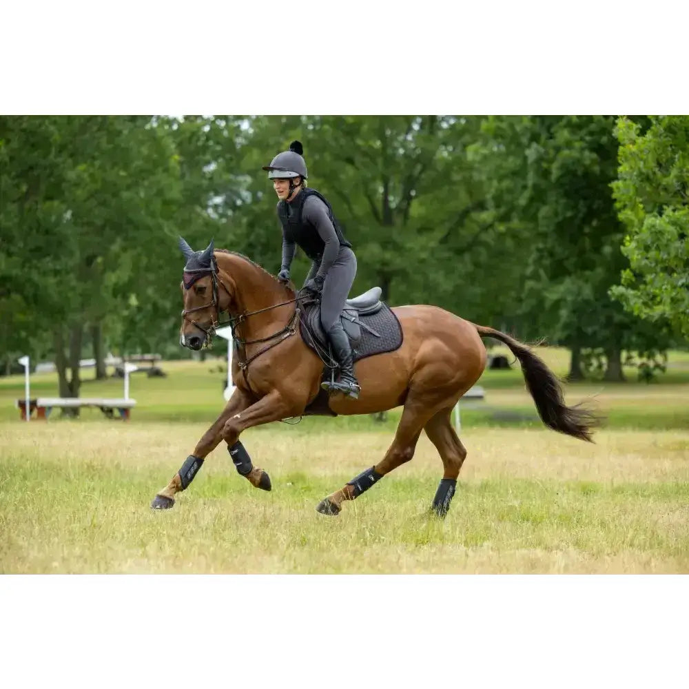 A sleek chestnut horse wearing a lemieux suede close contact square cinder saddle with black leg wraps in motion