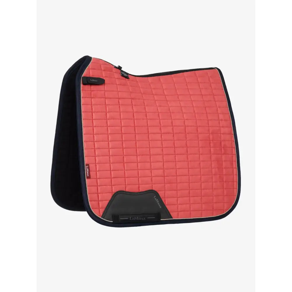 Coral lemieux suede dressage saddle pad with cranberry square design black trim and padded edge