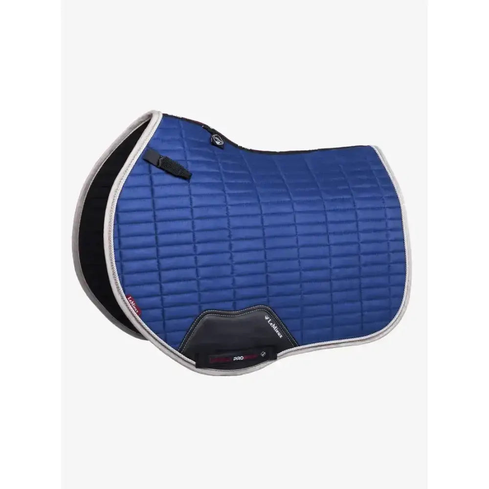 Blue quilted lemieux suede eurojump square benetton saddle pad with black gray accents and super soft bamboo lining