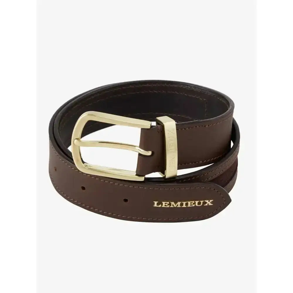 Brown leather lemieux suede insert belt with a gold buckle and tonal suede cutout embossed brand tab