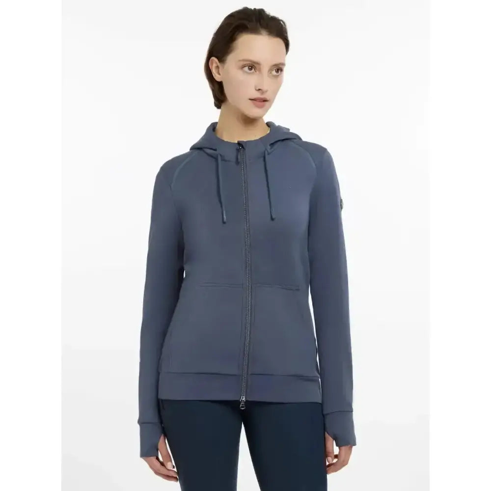 Sleek dark blue lemieux tabi tech zip through hoodie dusk blue with subtle textured fabric and matching drawstrings