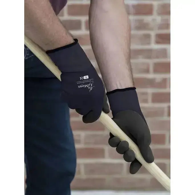 Back side of lemieux thermal work gloves navy with black reinforced palm and fingertips perfect for equine work gloves