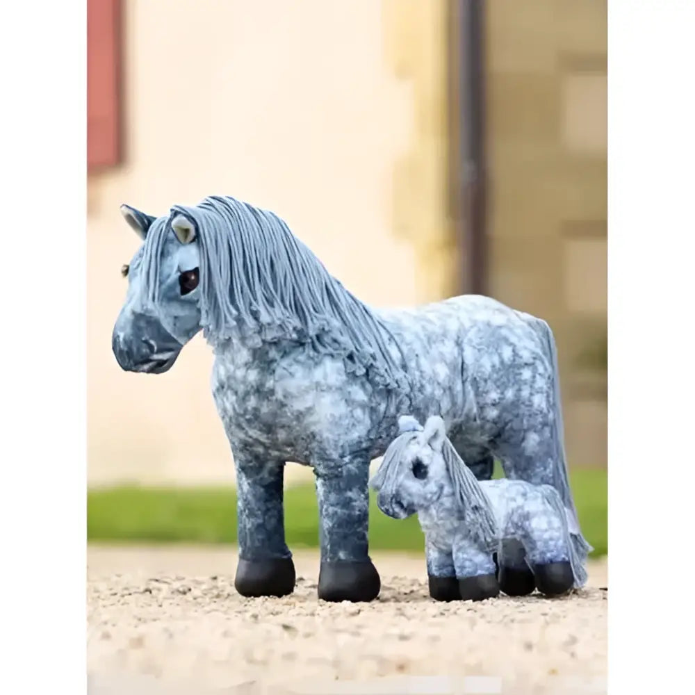 Gray and white speckled plush pony with black hooves and flowing mane lemieux tiny pony sammy plush toy