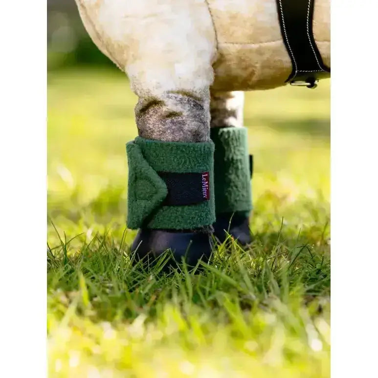 Green fleece lemieux toy pony bandages hunter green with black strap and lemieux brand label