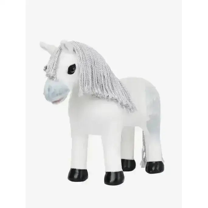 White plush lemieux toy pony coco with silver glittery mane and black hooves perfect for cuddly play