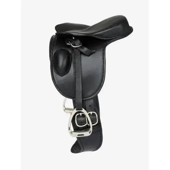 Black lemieux toy pony dressage saddle made of leather with silver stirrups and buckle perfect for ponies