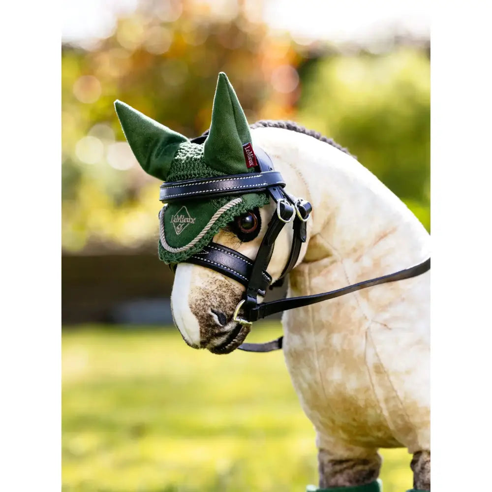 Green knitted lemieux toy pony fly hood hunter green with black leather straps and subtle embroidered logo