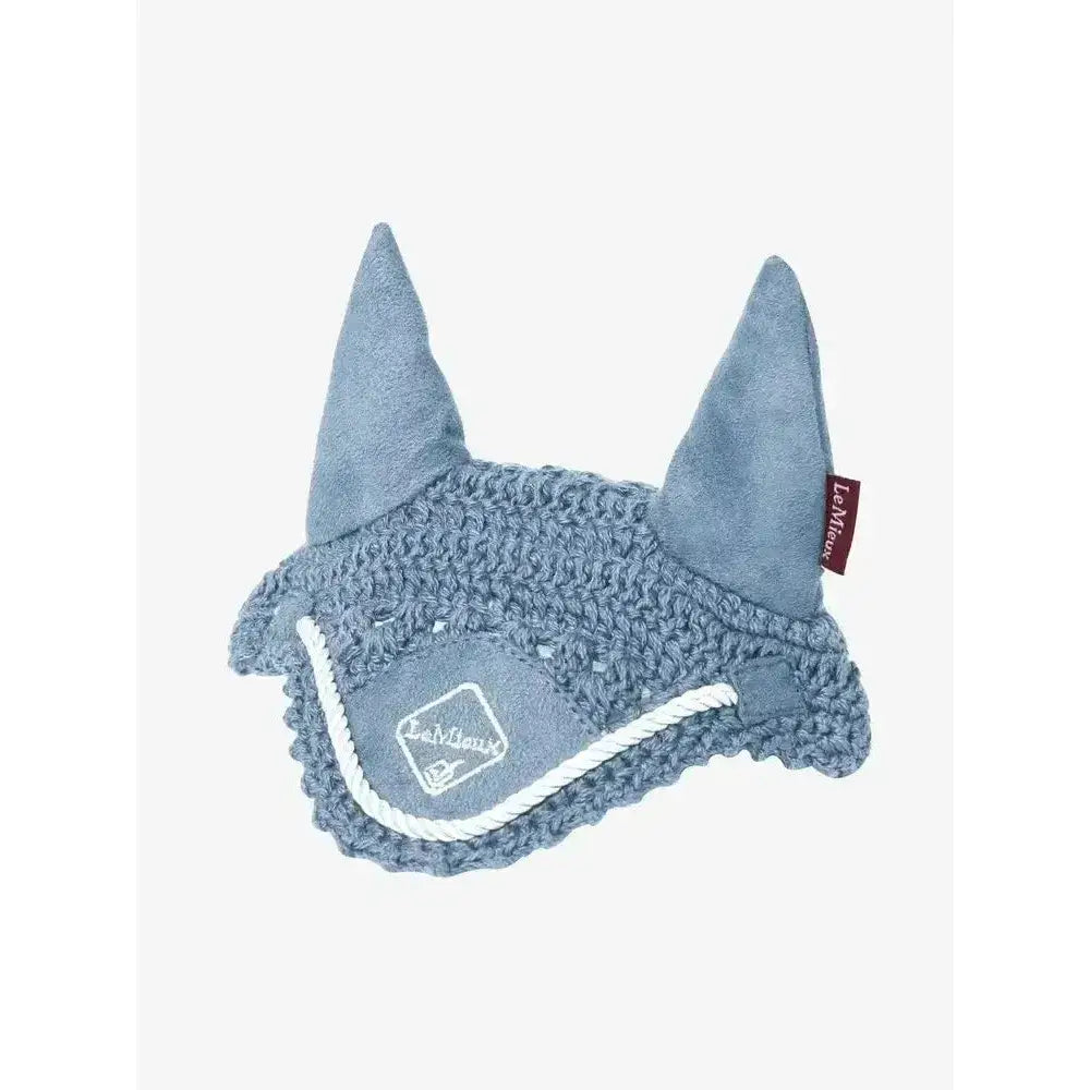 Blue suede and knitted lemieux toy pony fly hood ice with white rope trim in hood ice blue color
