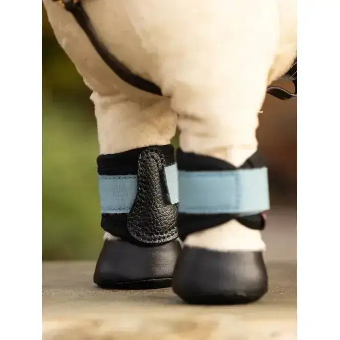 Black leather lemieux toy pony grafter boots glacier with light blue velcro straps and textured side panel