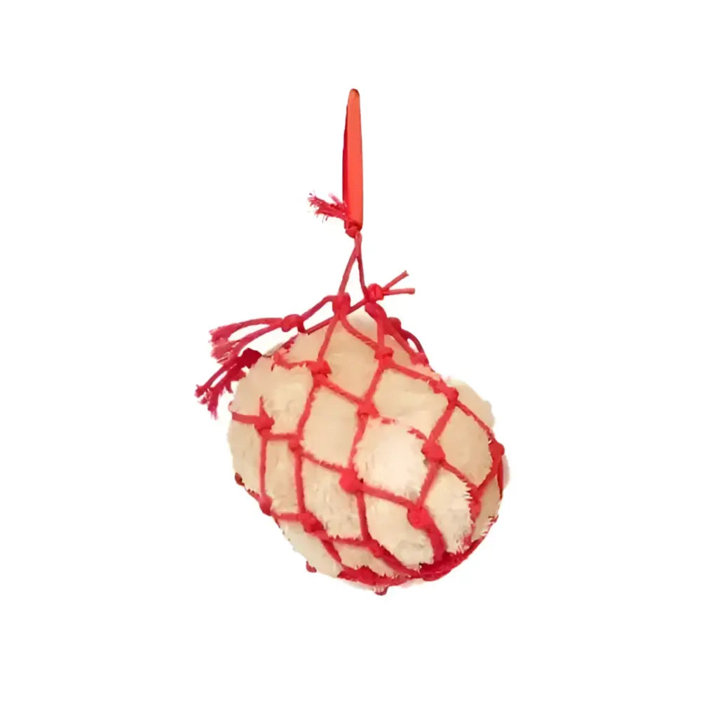 A lemieux toy pony haynet ember with a soft off-white plush egg inside a red mesh net with an orange handle