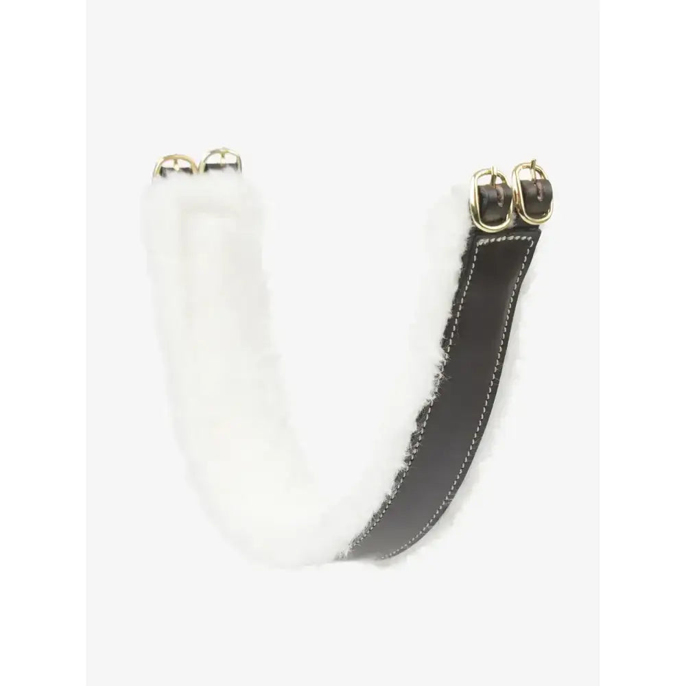 Black leather lemieux toy pony bridle strap with white faux fur lining and gold buckles for pony hunter saddle pad use
