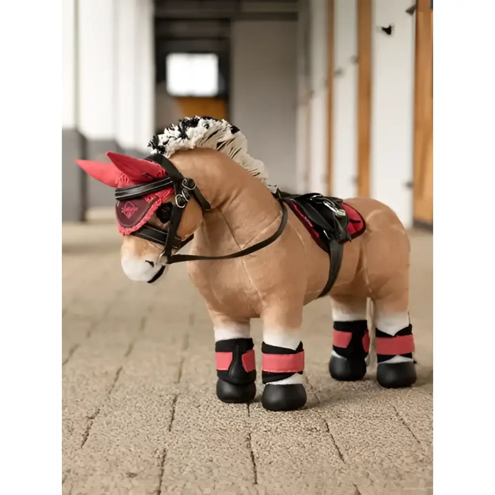 Tan plush lemieux toy pony oskar with red and black riding gear white mane and hoof boots toy pony oskar