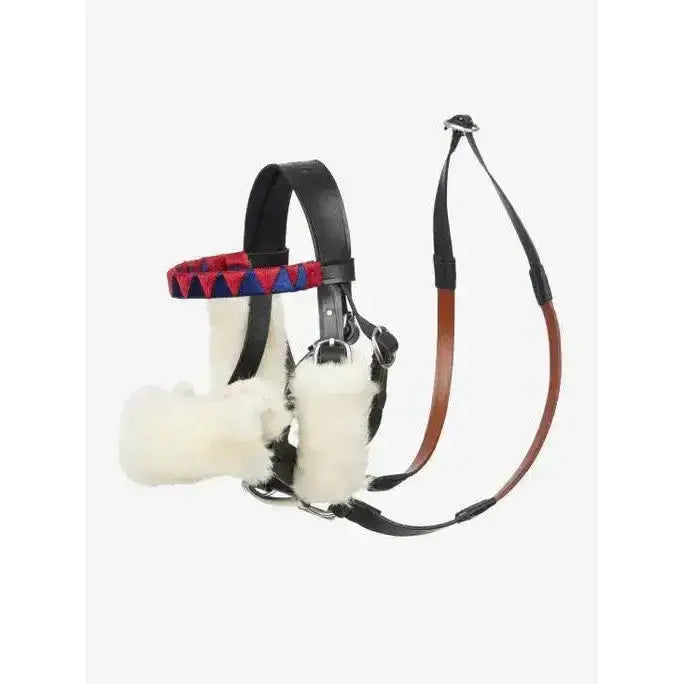 Black leather lemieux toy pony racing bridle set with red blue trim and white faux fur cheek padding