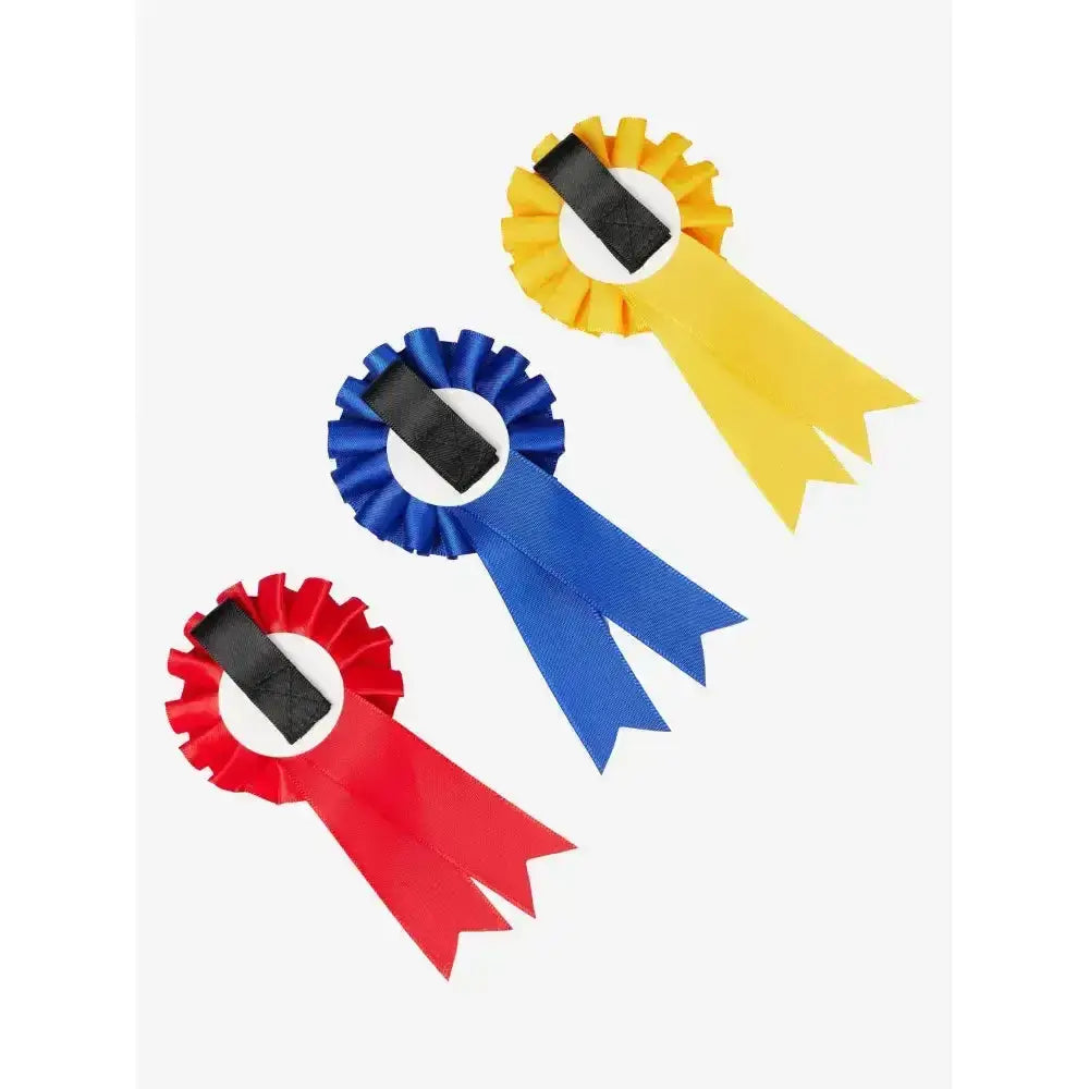 Three colorful satin lemieux toy pony rosettes in red blue and yellow with black adhesive backing pony rosette pack