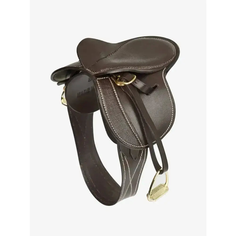 Brown leather lemieux toy pony saddle with gold hardware and white stitching crafted miniature saddle