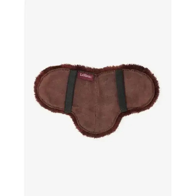 Brown lemieux toy pony showing numnah sheepskin saddle pad with dark green straps and red lemieux tag