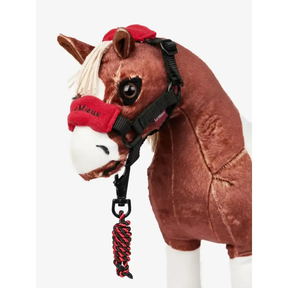 Brown plush lemieux toy pony with white muzzle and red and black vogue headcollar chilli and braided rope lead