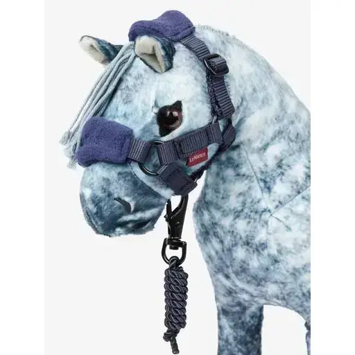 Blue plush lemieux toy pony wearing vogue headcollar ink blue with dark gray halter and braided black lead rope