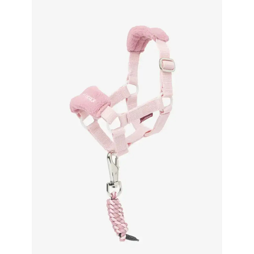Pink padded lemieux toy pony vogue headcollar with adjustable straps and braided leadrope blossom leash attachment