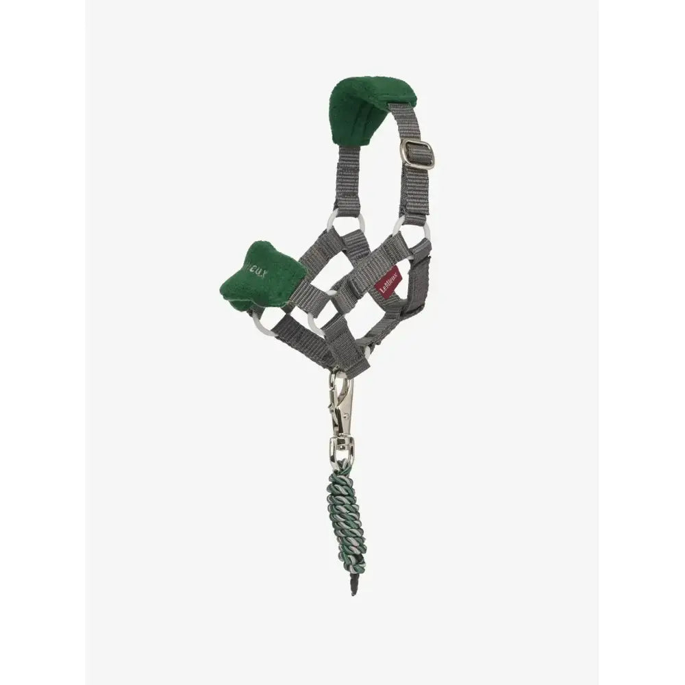 Green padded lemieux toy pony vogue headcollar with gray webbing straps and braided leadrope hunter green