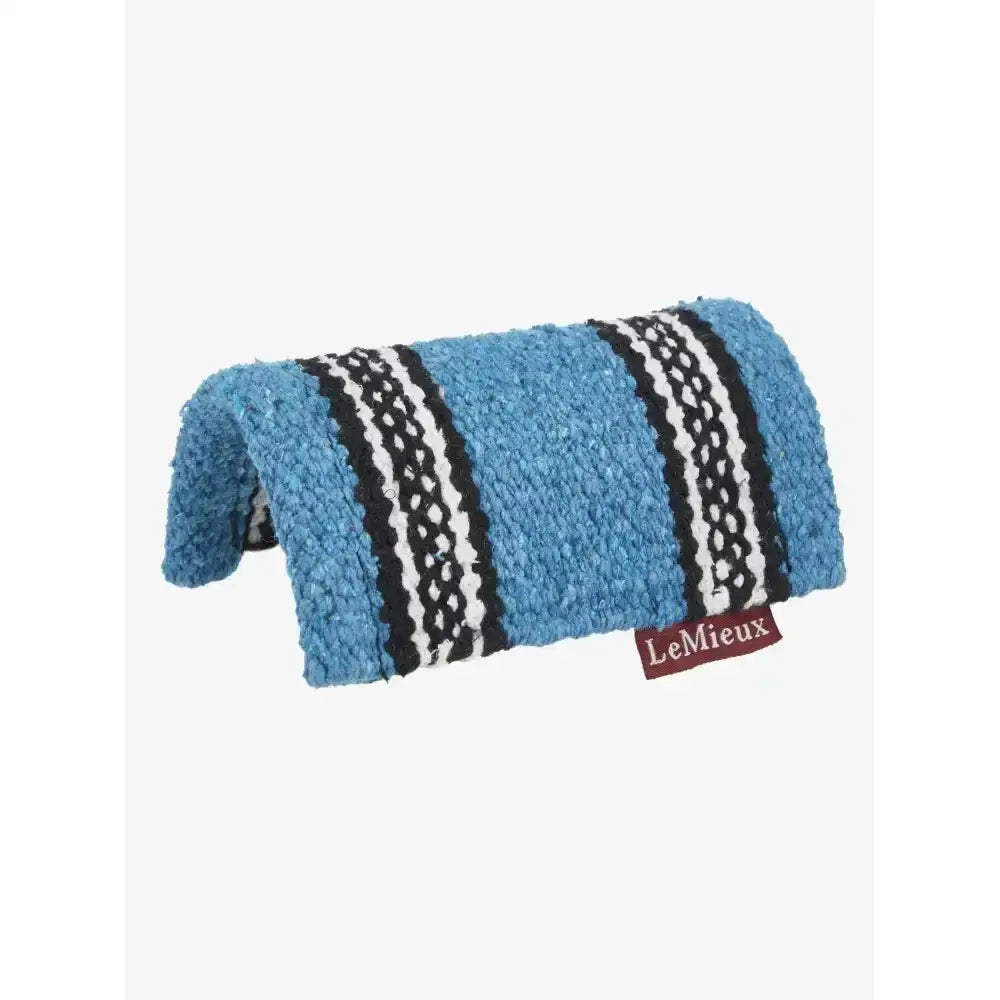 Blue woven textured lemieux toy pony western pad azure with black and white striped pattern for toy pony use