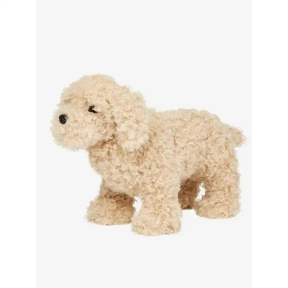 Cream-colored plush lemieux toy puppy chester with curly fur and black embroidered eyes perfect for jack russell fans