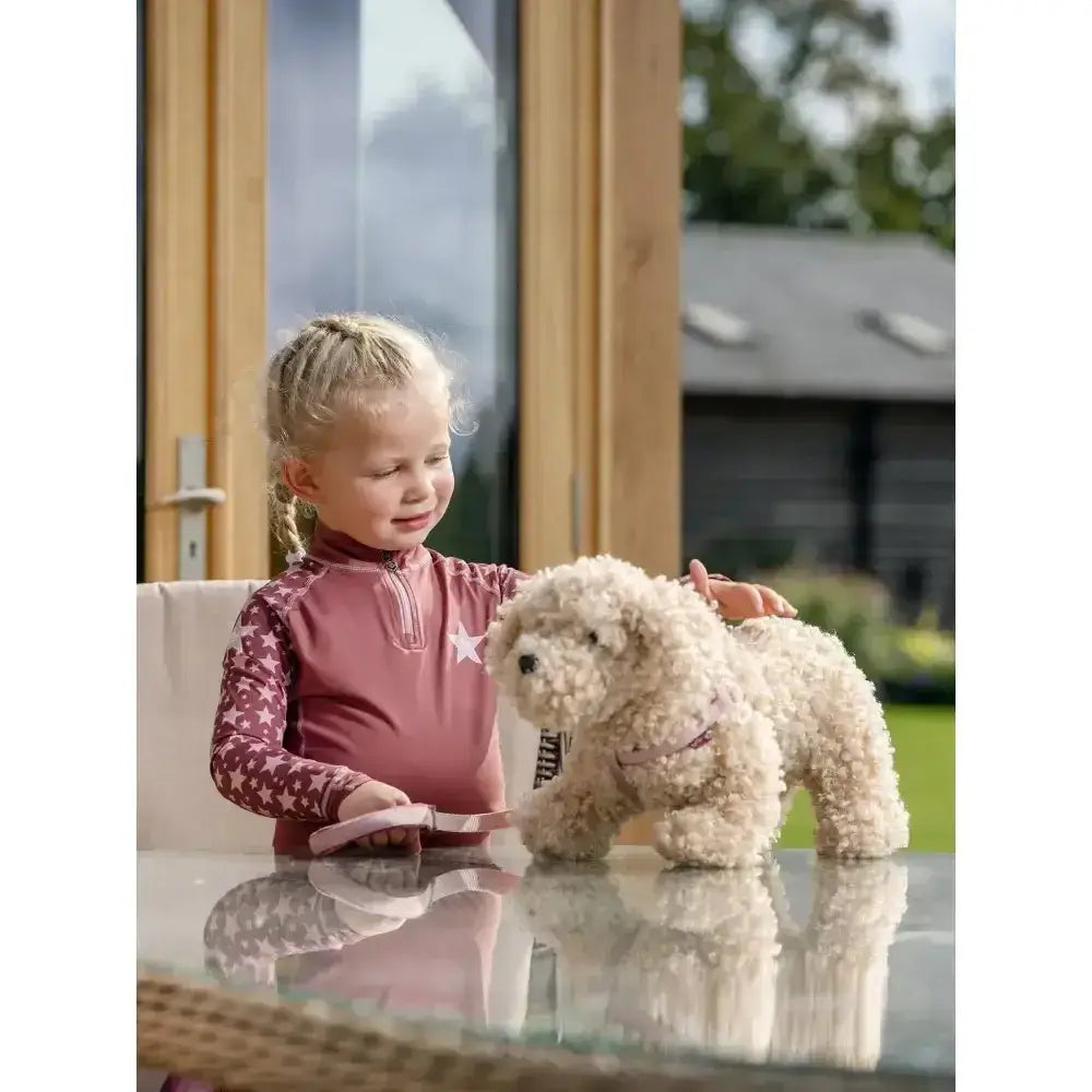 Fluffy cream-colored plush lemieux toy puppy chester resembling a jack russell perfect for cuddling and play