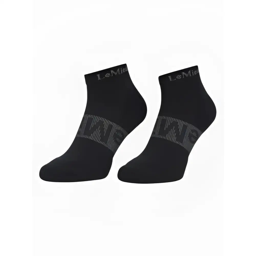 Black lemieux trainer socks with subtle gray logo and patterned foot design perfect for training and casual wear