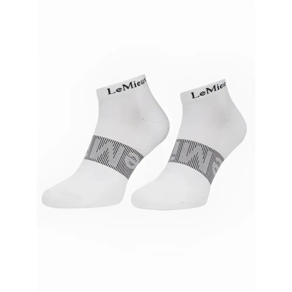 White lemieux trainer socks with gray striped band and branding on cuff perfect for everyday training