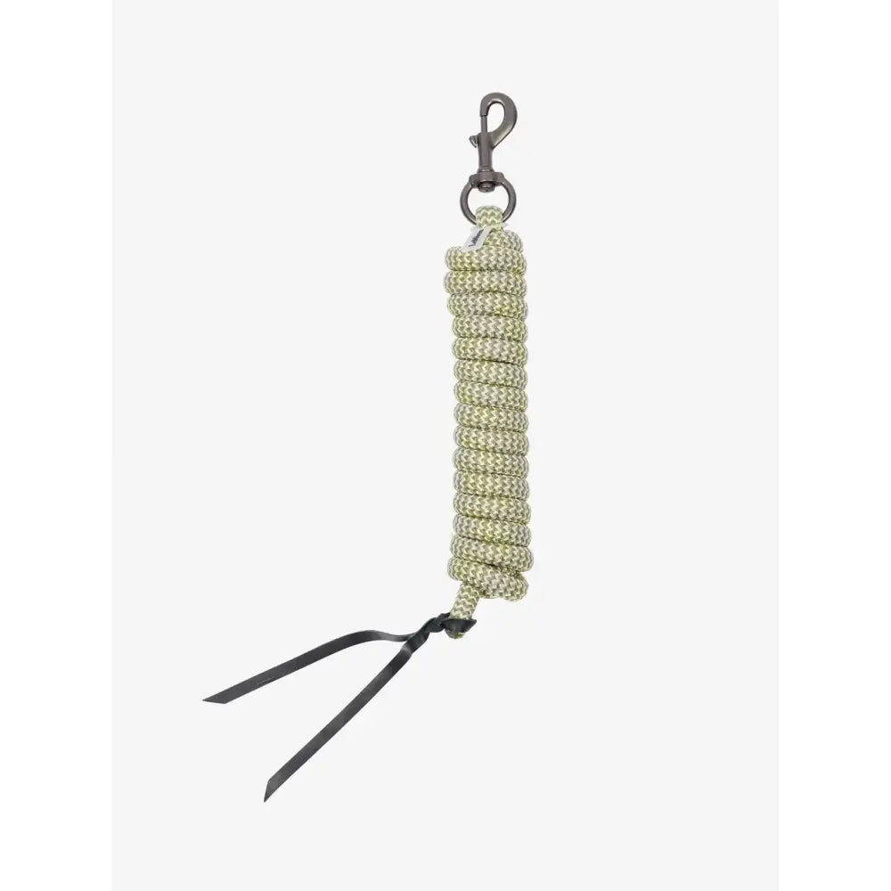 A coiled light green and white lemieux training leadrope rosemary stone lemonade with dark metal hook and black leather ties