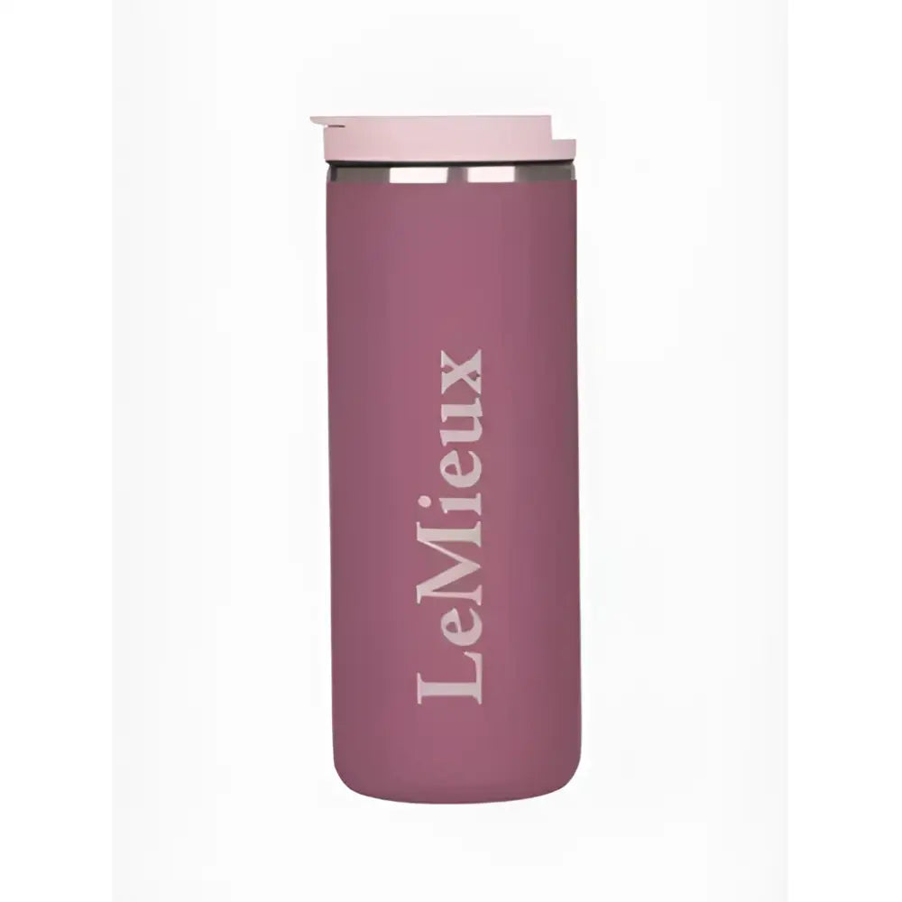 A sleek matte mauve lemieux travel cup rosewood with a light pink lid and lemieux engraved vertically on the side