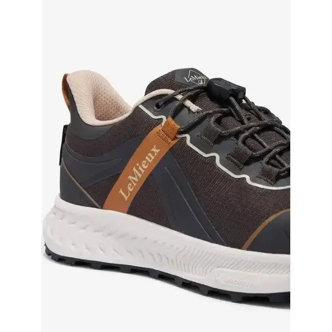 Dark brown and black lemieux trax waterproof trainers cinder with tan leather stripe white midsole and rugged tread