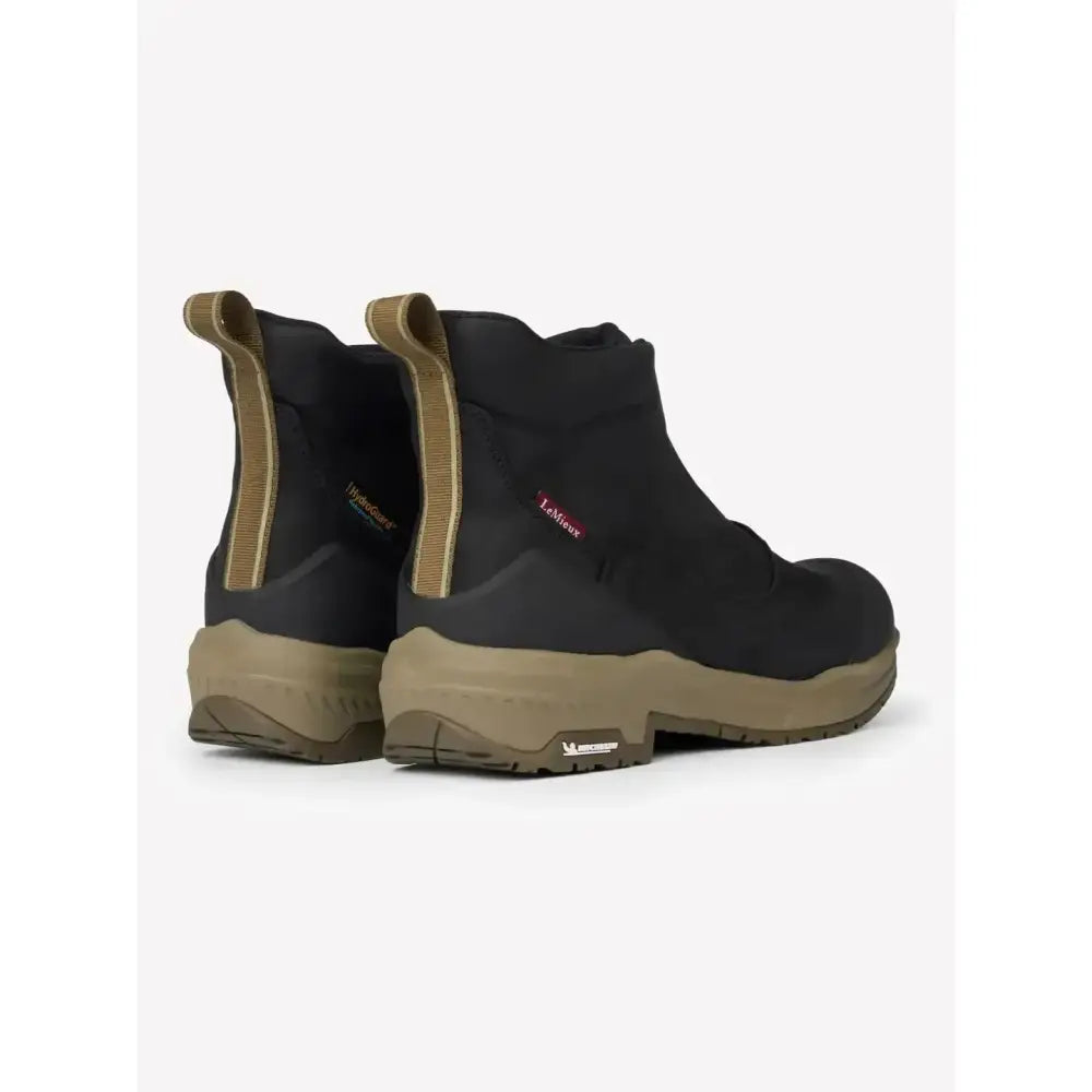 Black lemieux trax zip waterproof hiking boots with tan accents and stirrup-friendly heel and rugged sole