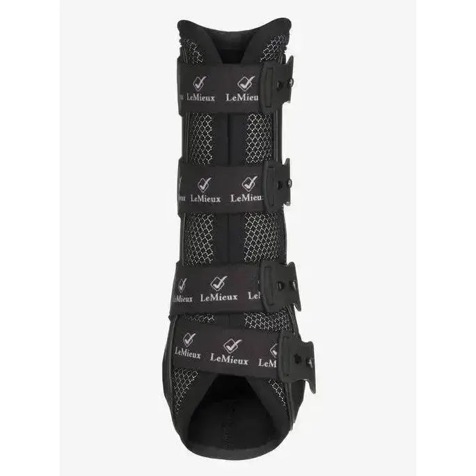 Black lemieux ultra mesh snug boots hind with mesh panels and adjustable straps for secure fit on horse hooves