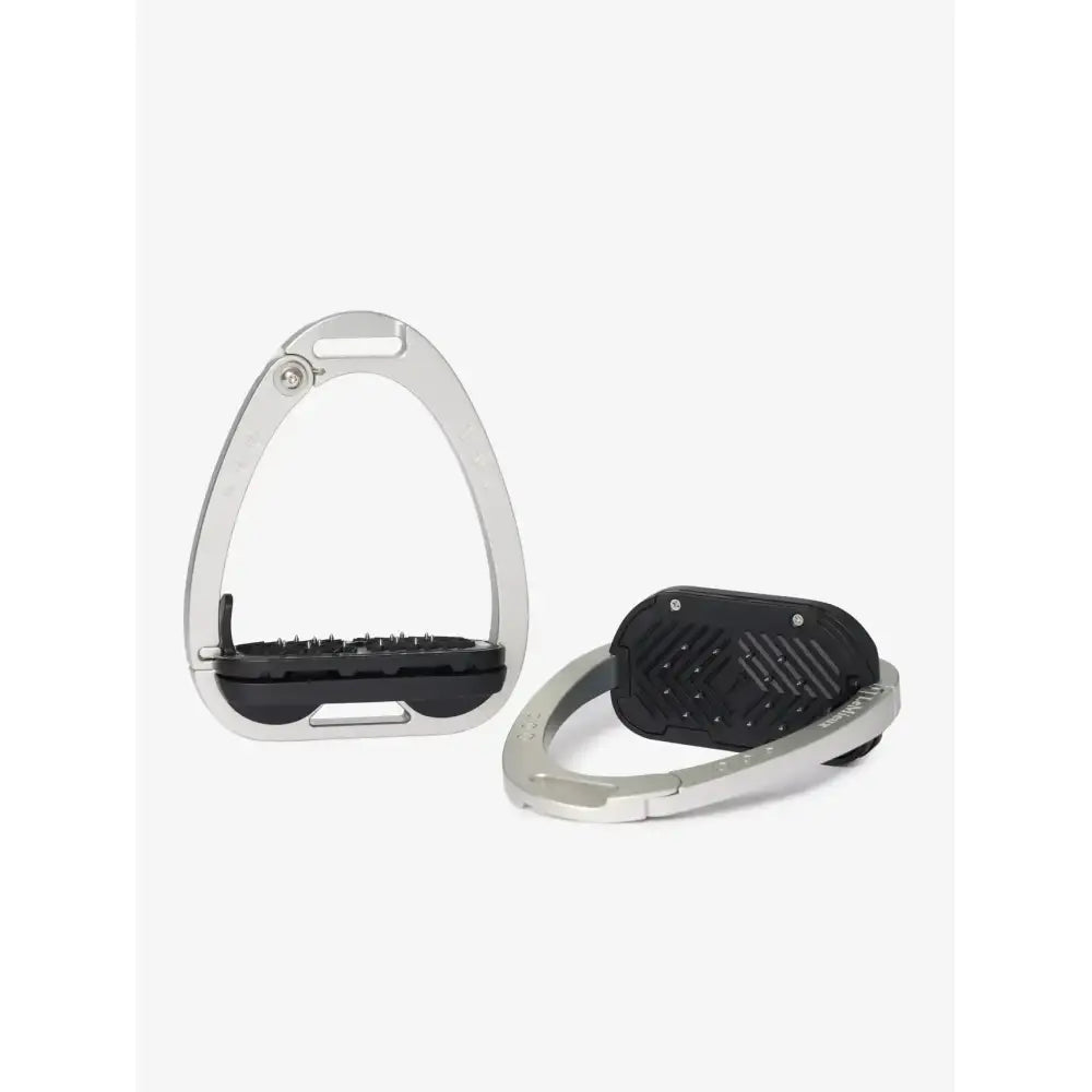 Silver and black aluminium lemieux vector balance stirrup with textured rubber sole for secure riding grip