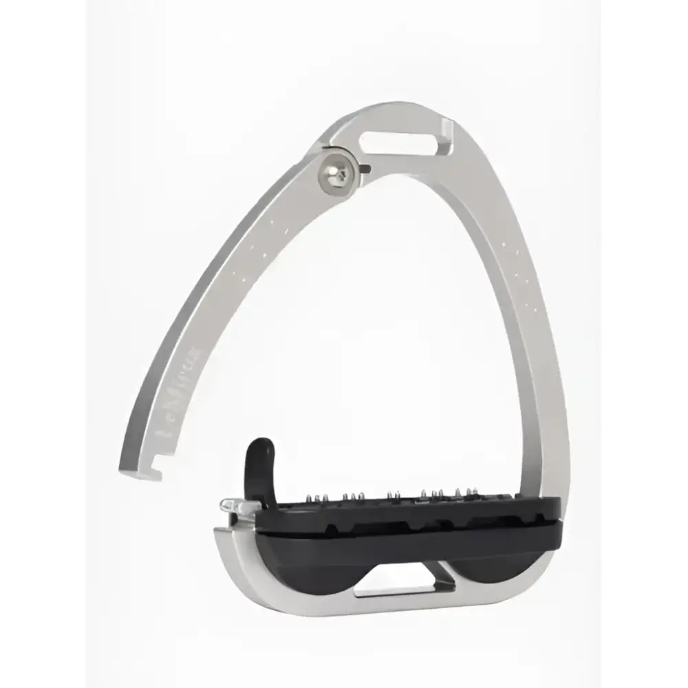 Silver aluminium lemieux vector balance stirrup with black rubber footpad and adjustable strap for horses