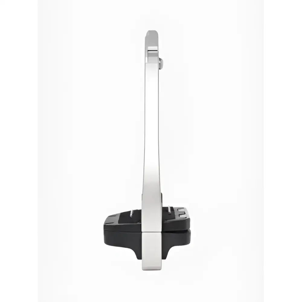 Silver metal lemieux vector balance stirrup with black rubberized base for secure footing in riding