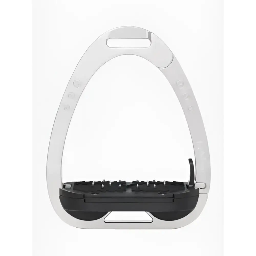Silver metal lemieux vector balance stirrup with black rubber footpad and adjustable straps for secure riding